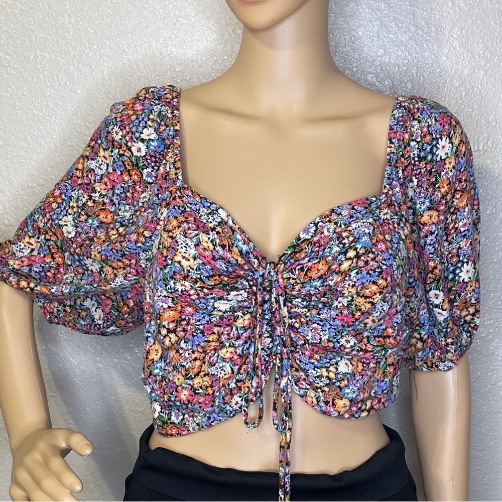Wild Fable Puffy 1/2 Sleeve Floral Crop-top Blouse Multicolor Size X-Large